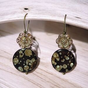 Handmade Elegant Czech Glass Flowers & Granite Drop Earrings NWT